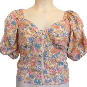 MILK & HONEY Colorful Floral Print Light Pink Zipper Front Puff Sleeve Top 2X